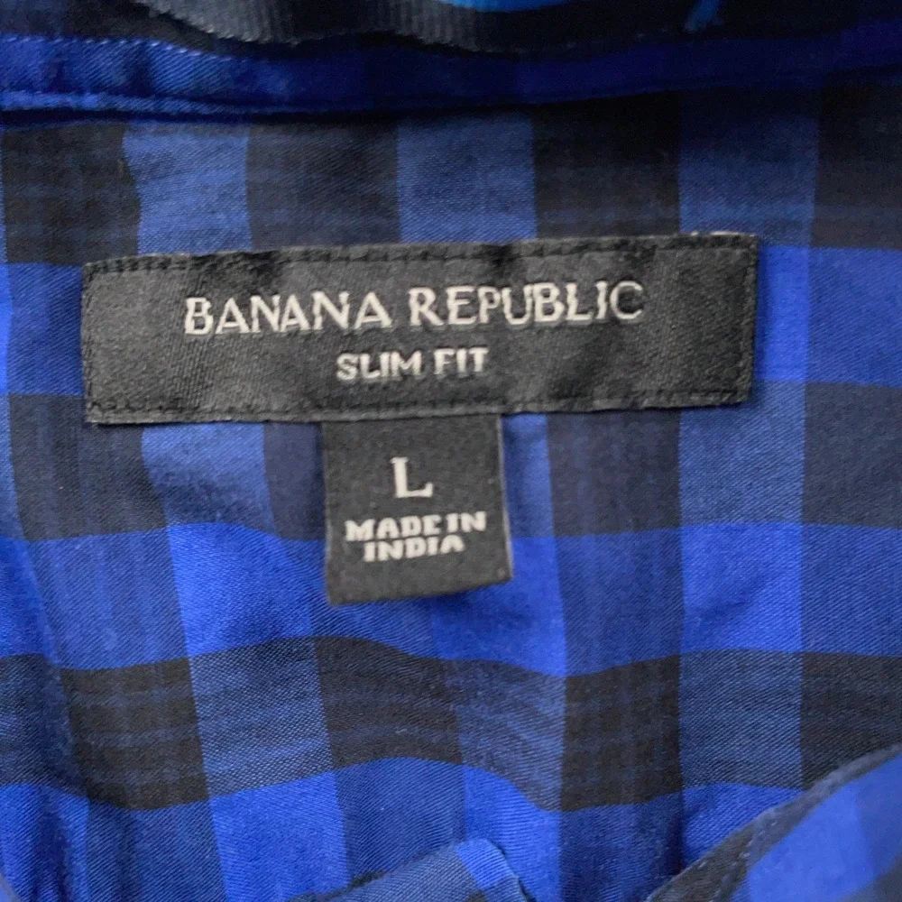 Banana Republic Shirt Mens Large Blue Black Buffalo Plaid Slim Fit Long Sleeve